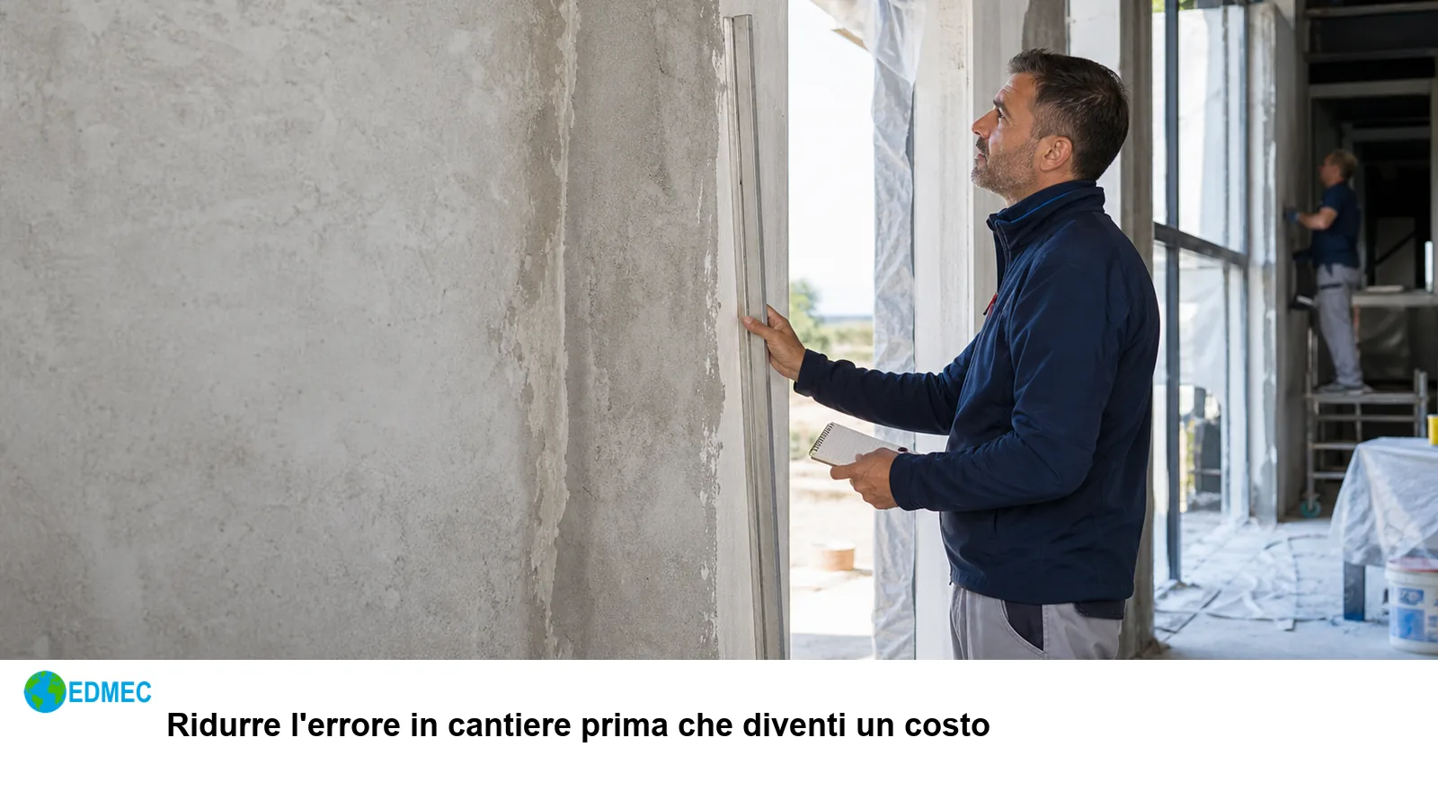 Tecnico verifica il supporto di una parete prima della finitura in cantiere